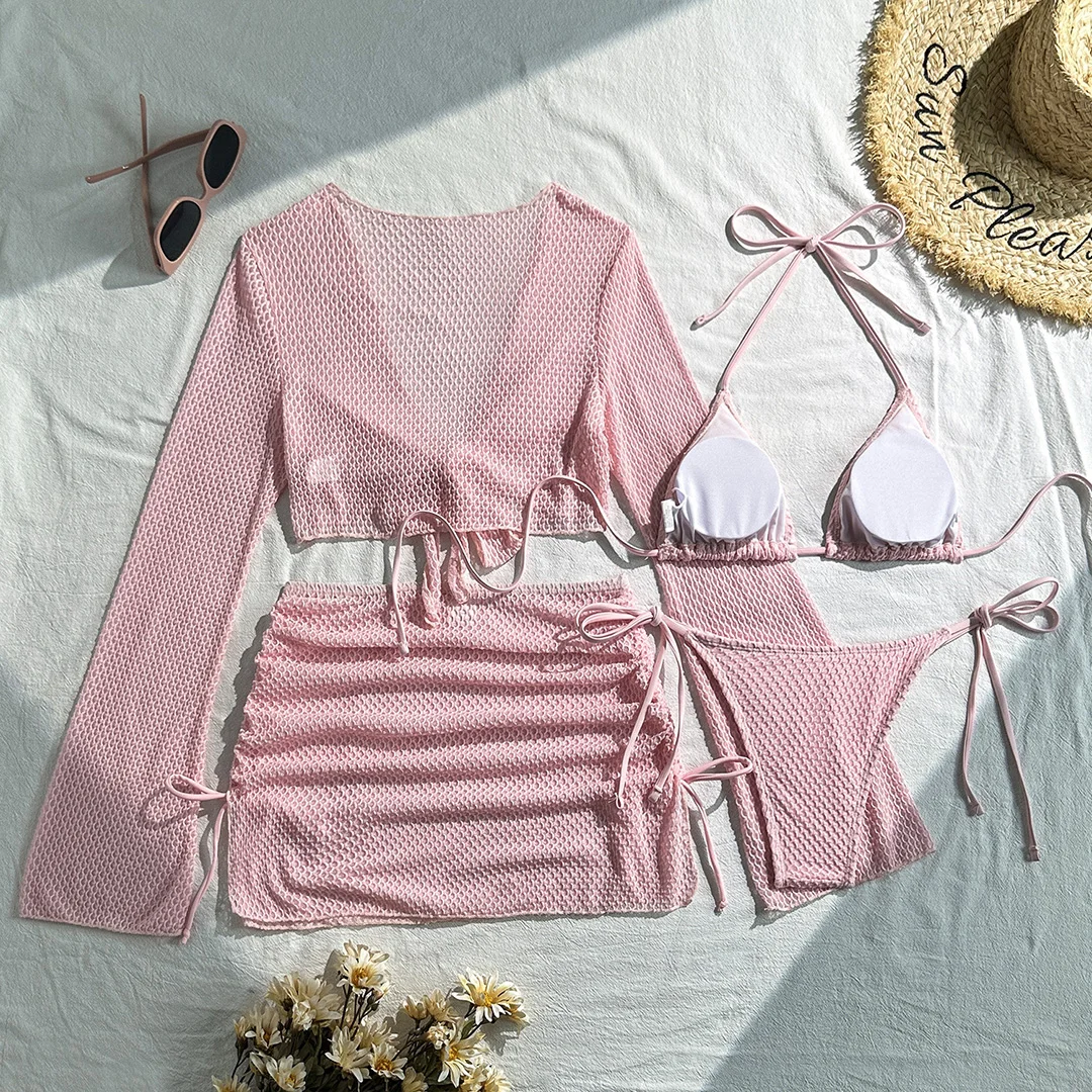 2026 Langarm-Bikini mit Rock, Neckholder-Bikini, Damen-Badebekleidung, Badeanzug, vierteiliges Bikini-Set, Badeanzug, Badebekleidung, Schwimmanzug V6358 – Detail 38