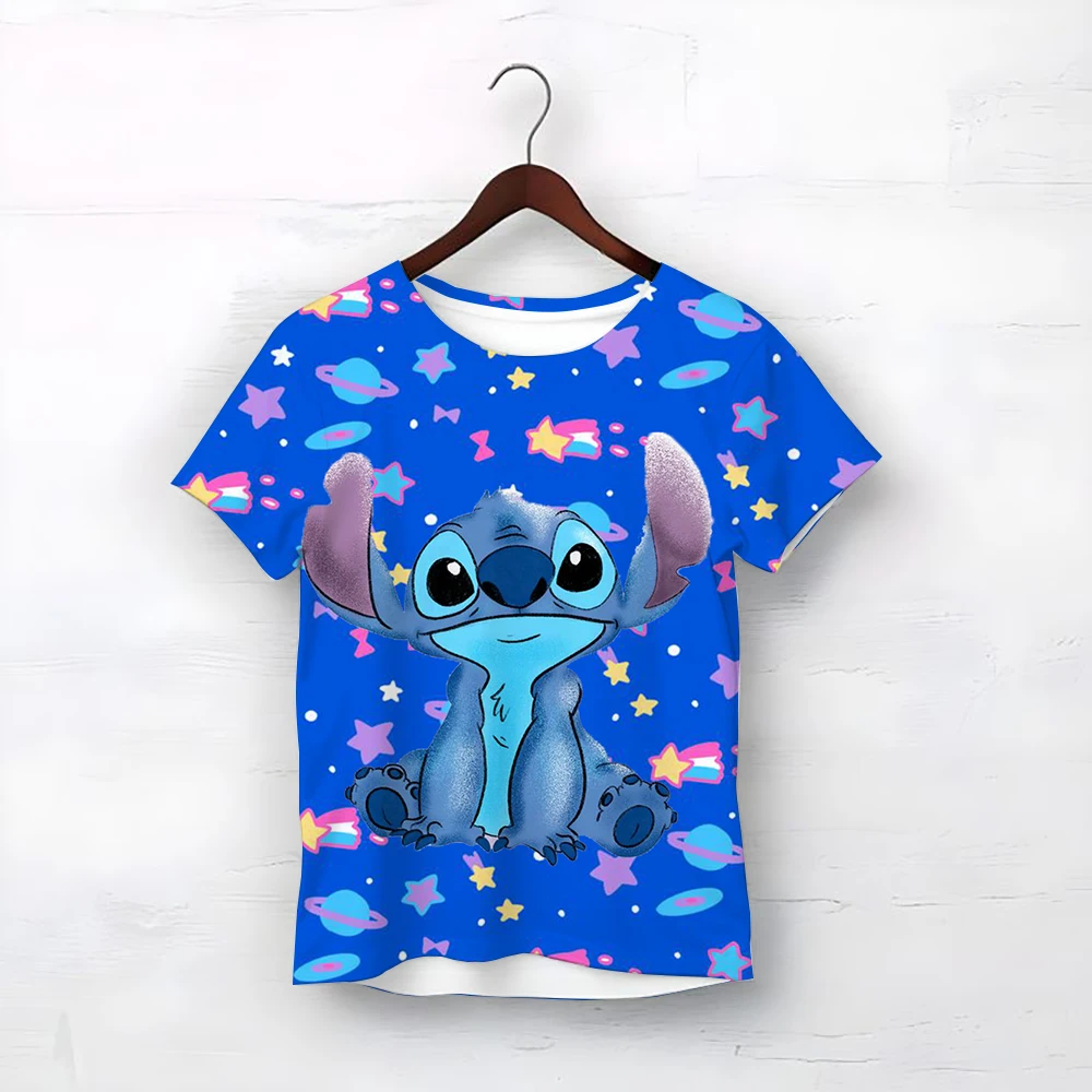 

Disney Vibrant Sweet Lilo & Stitch Cartoon Fashion Girls Printed Short Sleeve Beautiful Casual Versatile Children's Round Neck T