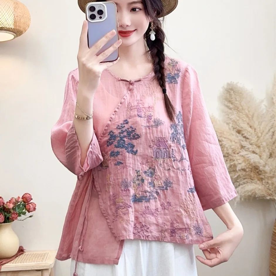 2024 Summer New Chinese Style Ramie Embroidery Three Quarter Sleeves Diagonal Flap Round Neck Shirt Women Loose Thin Top LX1771