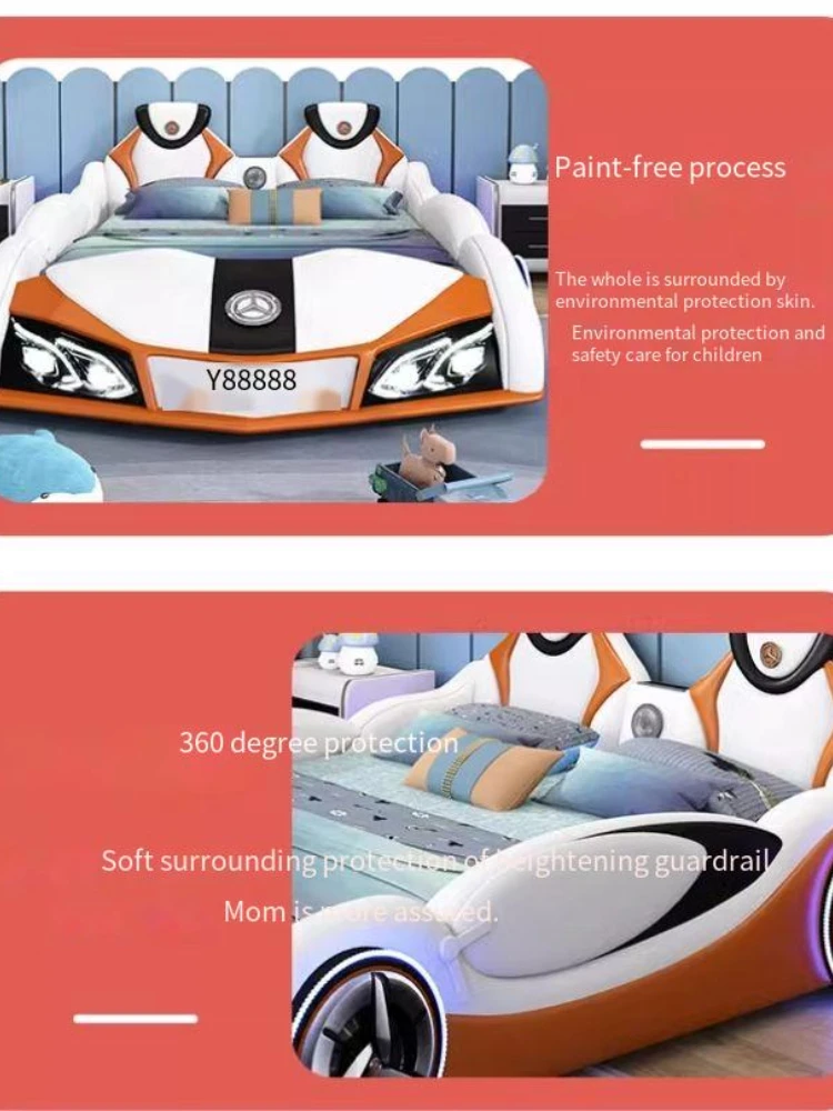 Decoration Frame Kids Car Bed Wooden Design Twin Headboards Children Beds Led Light Wheel Cama De Casal Furniture For Bedroom