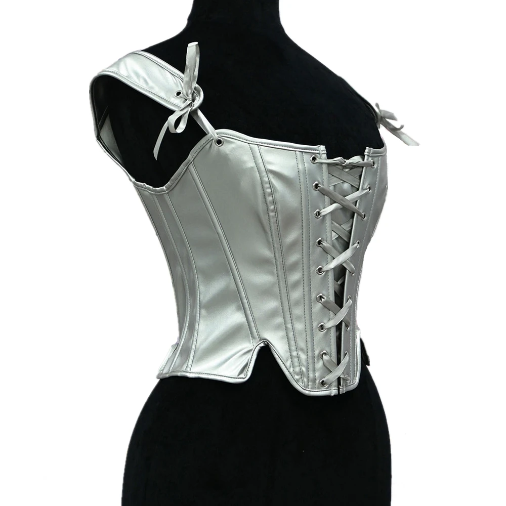 Women Silver PU Leather Corset Top Vintage Vest Female Front Lace Up Corselet Camis Punk Goth Clothing Sexy Korsett Streetwear view 2