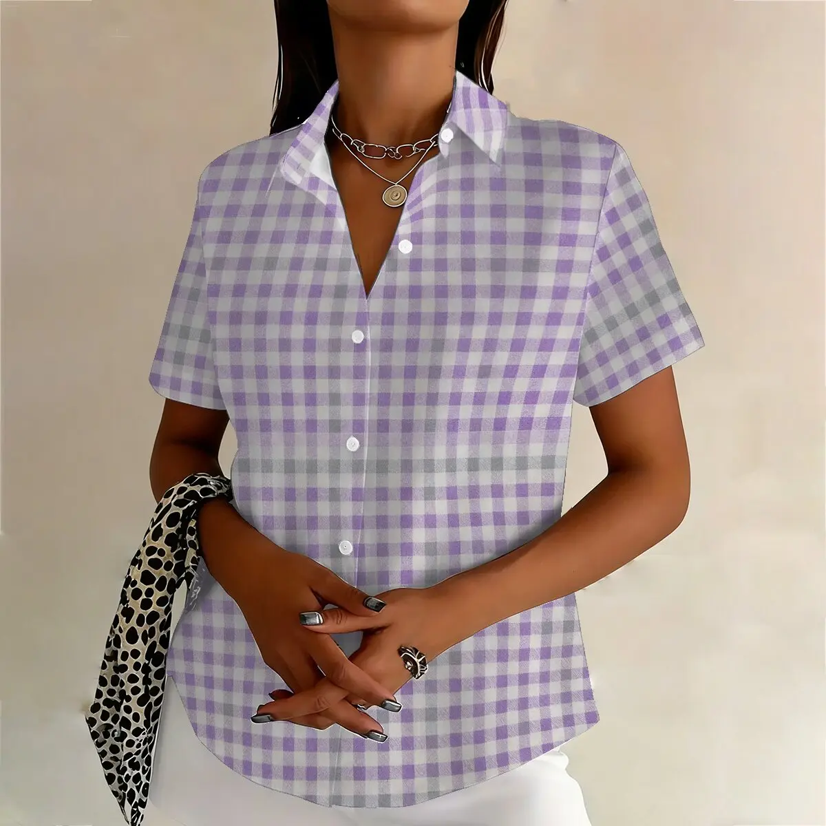 Personalized and minimalist checkered printed summer women's plus size lapel short sleeved shirt, daily casual versatile top