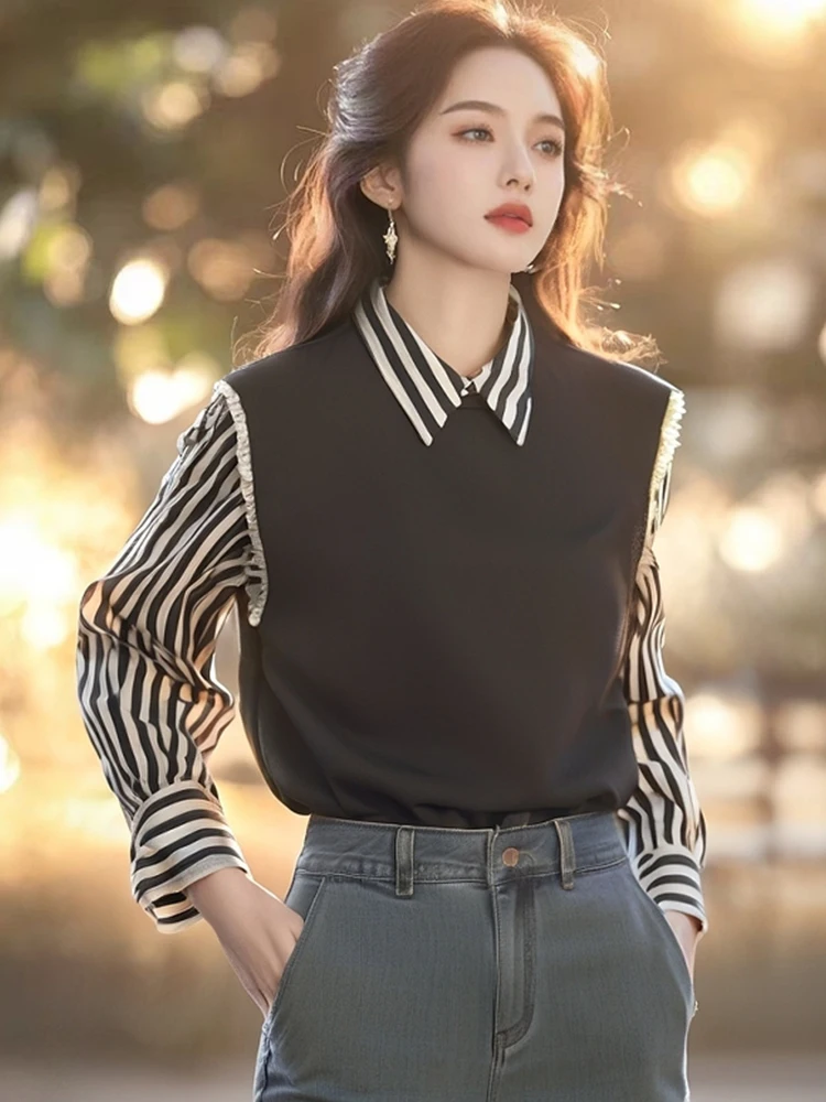 

Unique Color Blo Striped Long Sve Ne irt Autumn 2026 Spring Commute Sle Korean Straight Cut Silk Top for Youn...