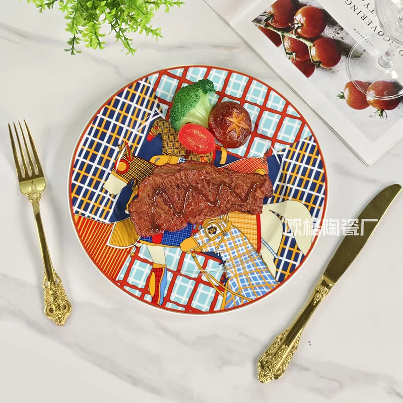 

Exquisite European Light Luxury Bone China Western Plate Fabric Plaid Horse Cup Saucer Afternoon Tea Teapot Set Mug Gift Box