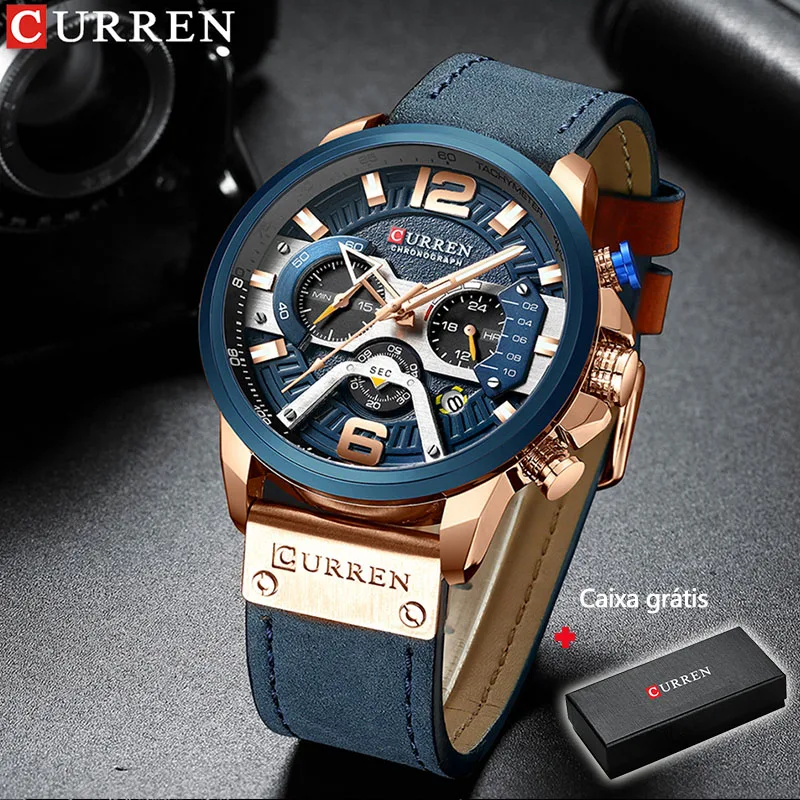 2021 CURREN Men Watches Top Brand Luxury Blue Leather Chronograph Sport Watch For Men Fashion Date Waterproof Clock Reloj Hombre