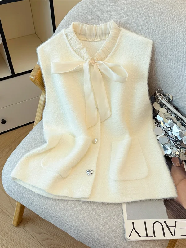 

Корейский вязаный жилет с узлом, женский осенний многослойный антивозрастной универсальный модный жилет с сердечками