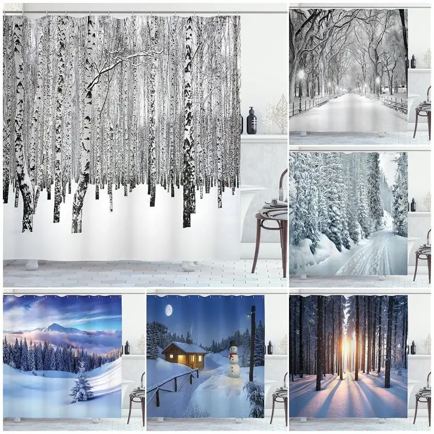 Winter Shower Curtain Forest Birch Trees Cedar Snow Scene Nature Landscape Wall Hanging Cloth Bathroom Curtains Decor With Hooks