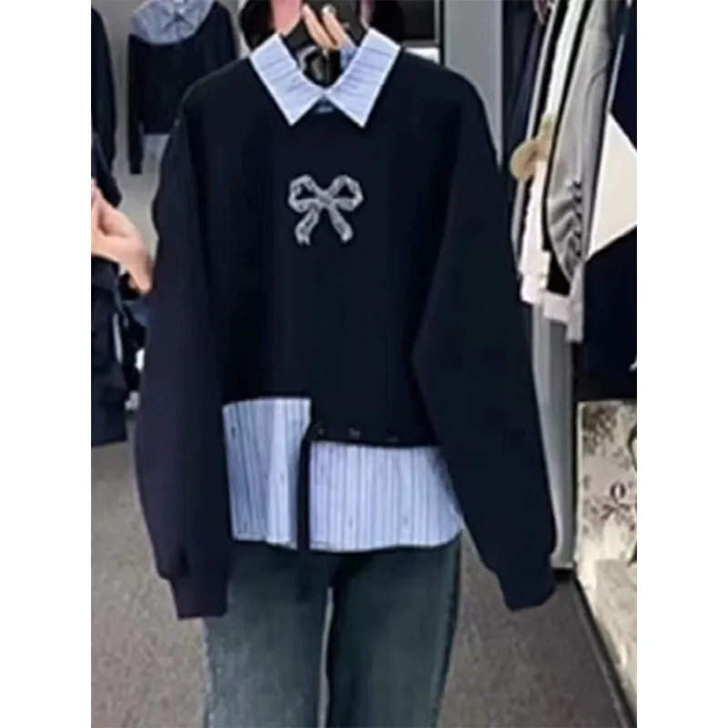 

Модный полосатый худи с узлом больших размеров для пышных женщин, осень 2025, корейский стиль, длинный рукав