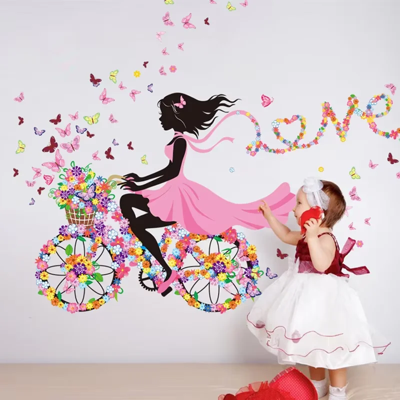 

Butterfly Bike Girl Wall Sticker Home Decoration Removable Flower Bicycle Wall Decal For Children's Room Living Room Decor