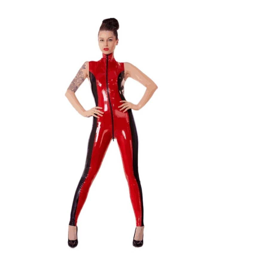 Red Black Skin two Latex Two Tone Catsuit customized front zipper handmade cosplay view 2