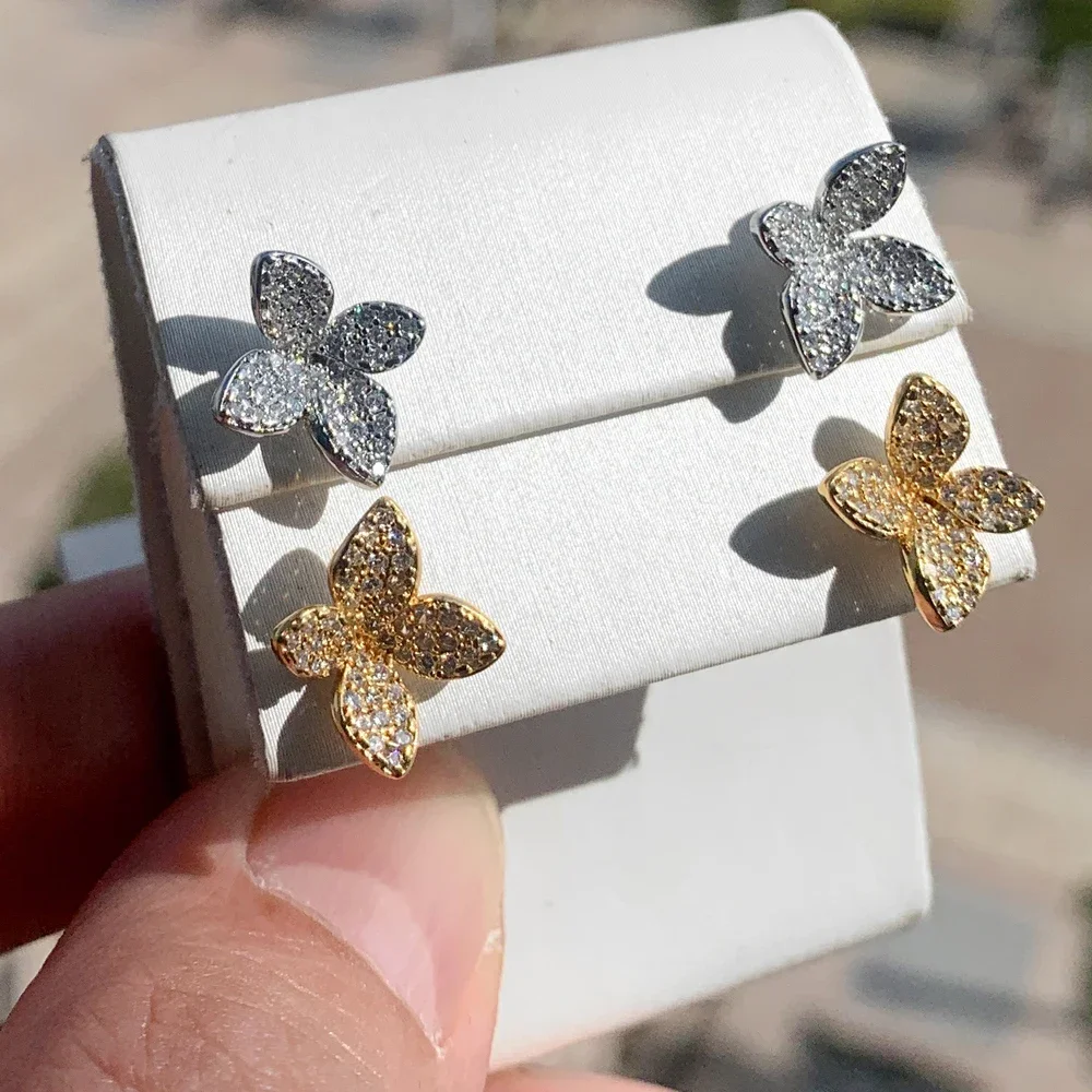 

2025 New Arrived Black Gold Silver Color Flower Full Mini Bling CZ Zircons Paved Cute Flower Stud Earring Jewelry For Women