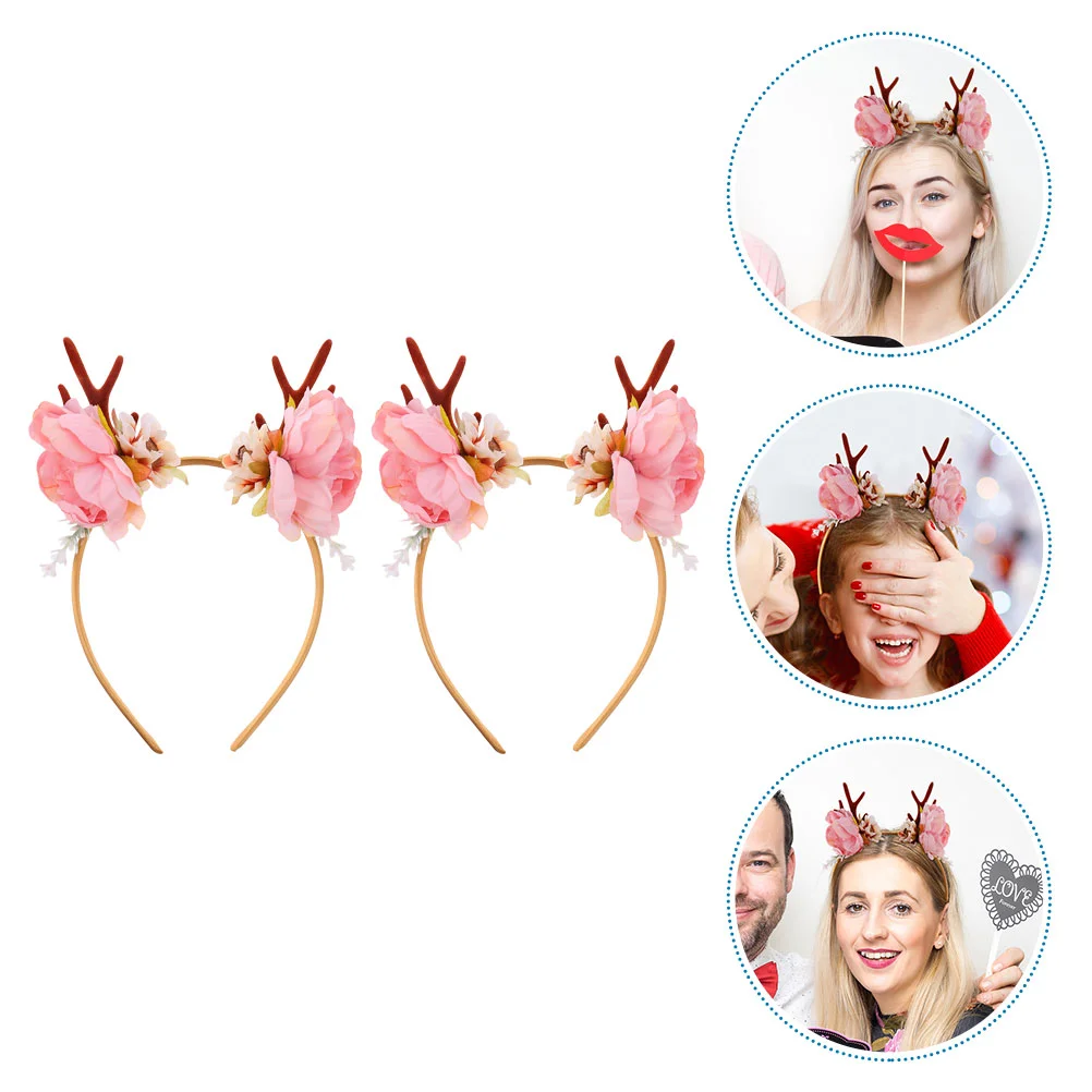 

2 Pcs Antlers Flower Headband Kids Festival Headdress Hair Accessories Ear Party Decorative Props Hoops Cloth Girl Child