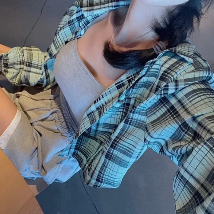 

Plaid ort irt Striped Korean Sle Women's Casual Faion Spring Autumn Winter Inner Wear Regular Fit Online Exclusive