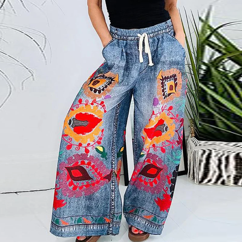 

2024 Summer Fashion Hight Waist Denim Pant Women Elegant Print Elastic Waist Drawstring Tie-up Long Pant Casual Pocket Trousers