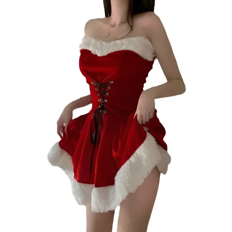 Red New Year Strapless Bandage A-line Dress Women Sexy Christmas Nightdress with Hat Xmas Santa Claus Role Play Underwear Outfit