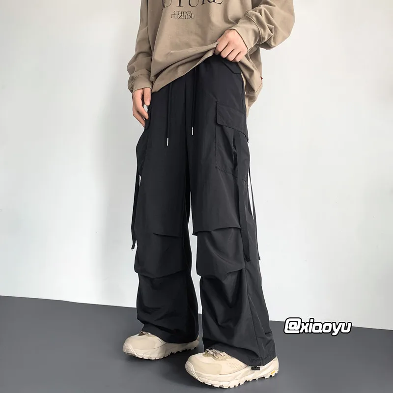 Men Solid Cargo Pants 2023 Harajuku Elastic Waist Side Pocket Tracksuit Pants Male Casual Hip Hop Drawstring Baggy Long Trousers