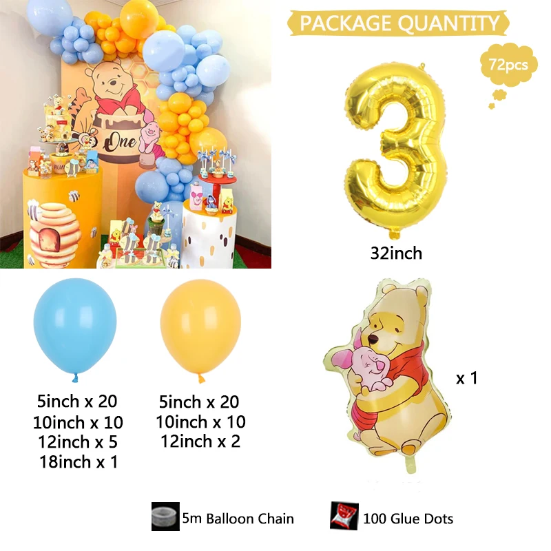 Winnie de Disney the Pooh & Tigger Piggy Pigeon, cadena de globos colorida con números dorados, regalo de ducha de cumpleaños para vacaciones, juego de globos para fiesta