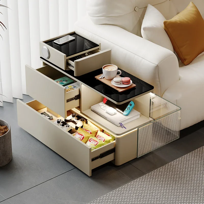 

Italian minimalist sofa side table light luxury high-end living room 2024 new solid wood side cabinet movable small coffee table