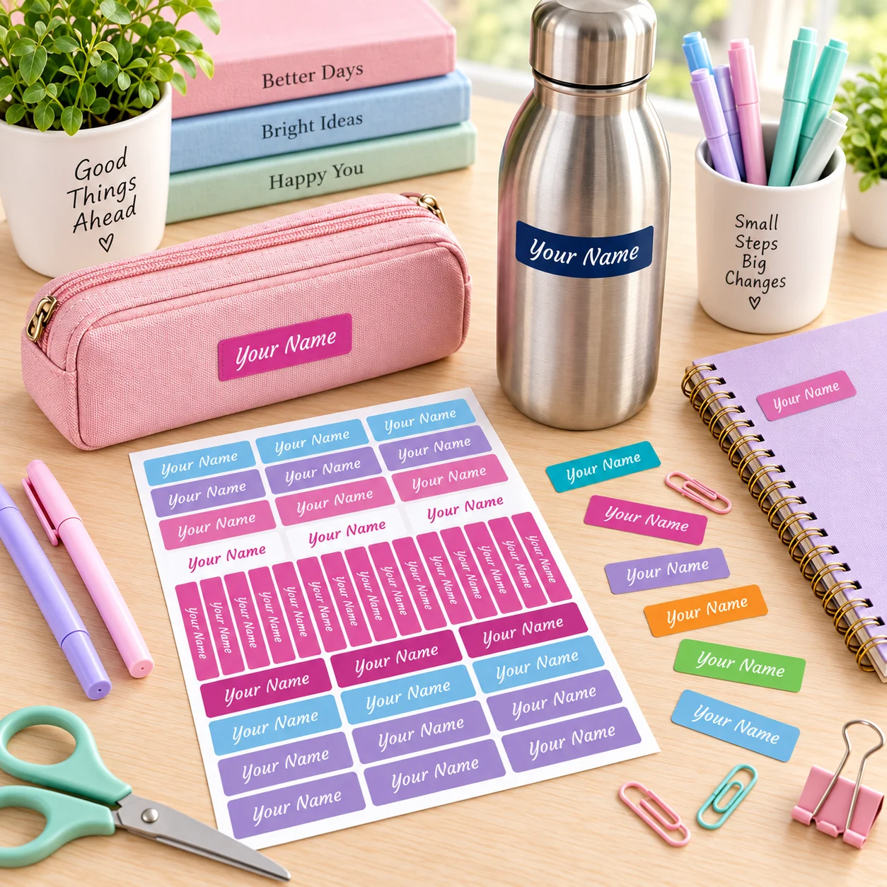 136 Personalized Name Stickers Custom Labels Multiple Sizes Colors for Water Bottles Cups Lunch Boxes Stationery School Office