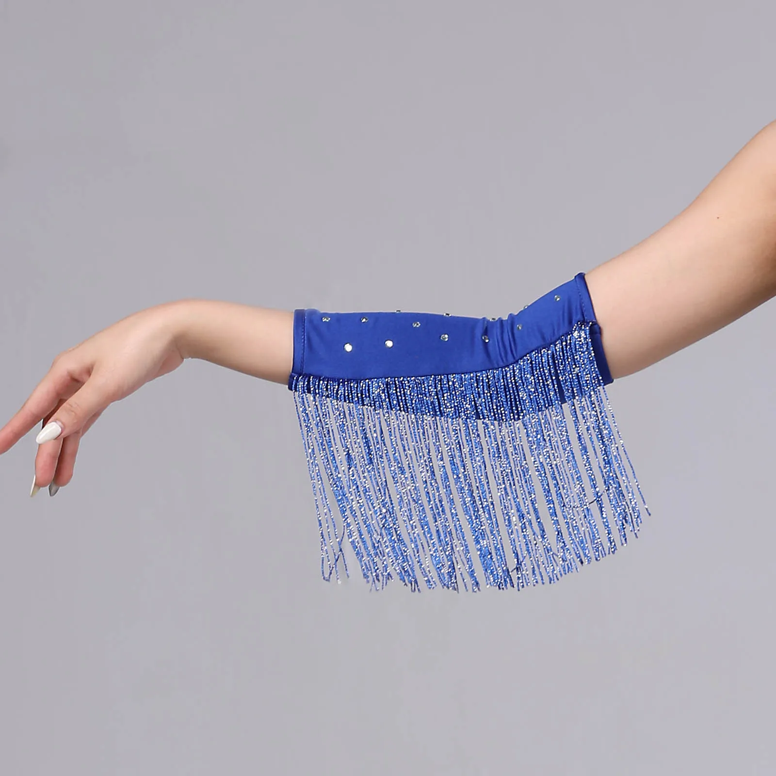 قفازات الرقص النسائية اللامعة بشراشيب وأحجار الراين وأكمام المعصم قفازات لامعة للملحقات