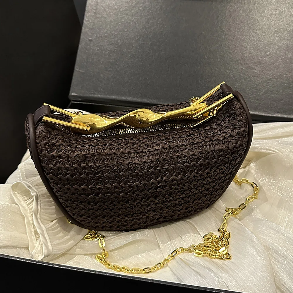 

Women Handwoven Shoulder Bag with Metal Handle Elegant Knitting Sling Bag Zipper Closure Summer Beach Shoulder Bag Commute Bag