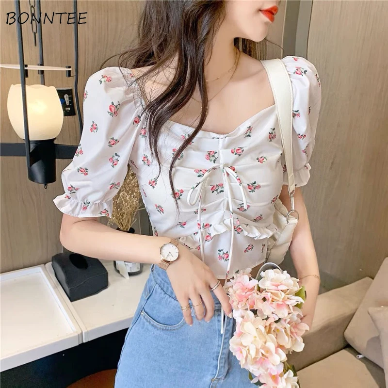 Floral Blouses Women Crop Tops Short Sleeve Summer Slim Sexy Tender Females Sweet Lovely Drawstring Korean Style New Arrival Ins