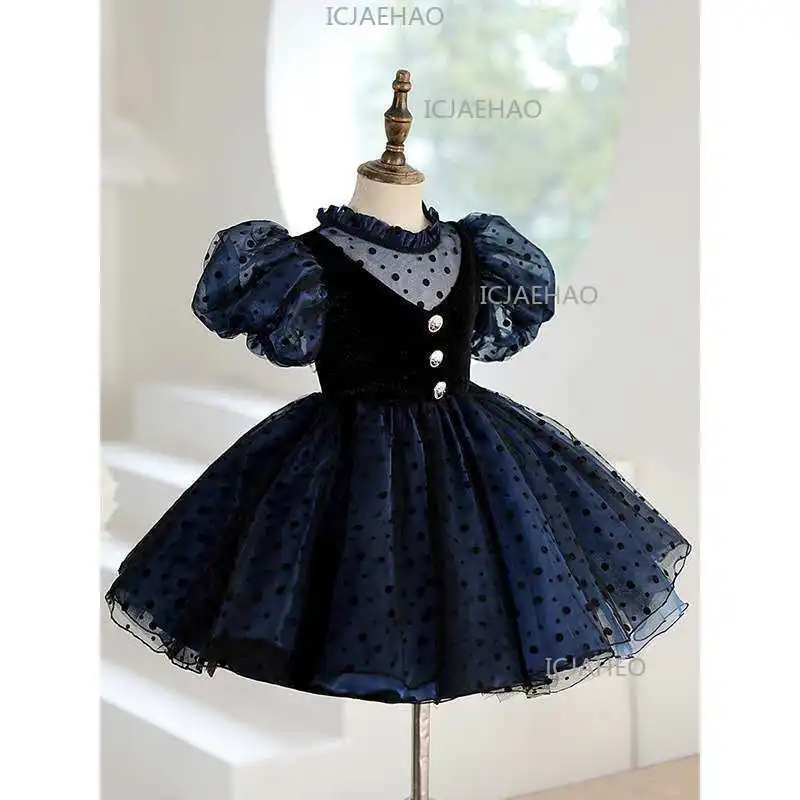 Children Black Vintage Stand Collar Velvet Girls Tutu Dress Puff Sleeve Patchwork Kids Flower Girl Runway First Birthday Gown