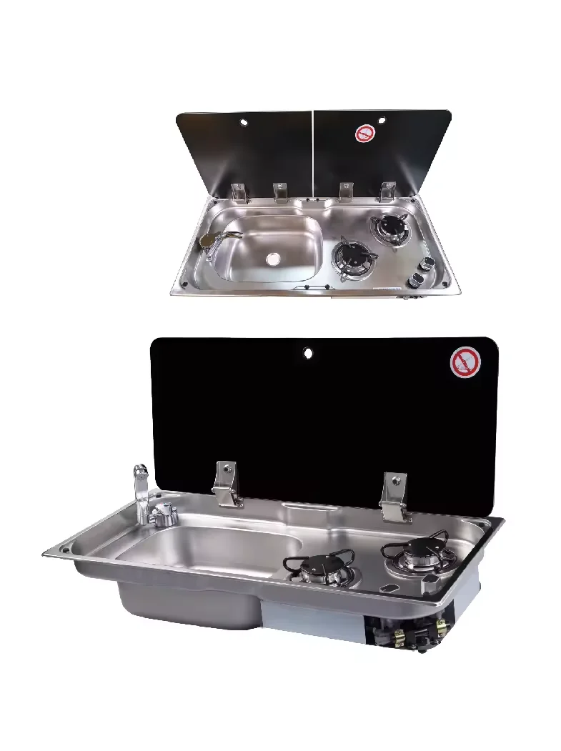 New Stainless Steel 2 Burner Gas Stove And Sink Combo With Tempered Glass Lid For RV Caravan Yacht
