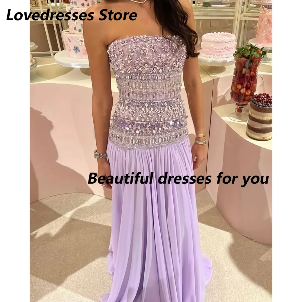

Lilac Evening Dresses Luxury Crystal Strapless Floor Length Chiffon A Line Prom Dress Formal Party Dresses Customized Size