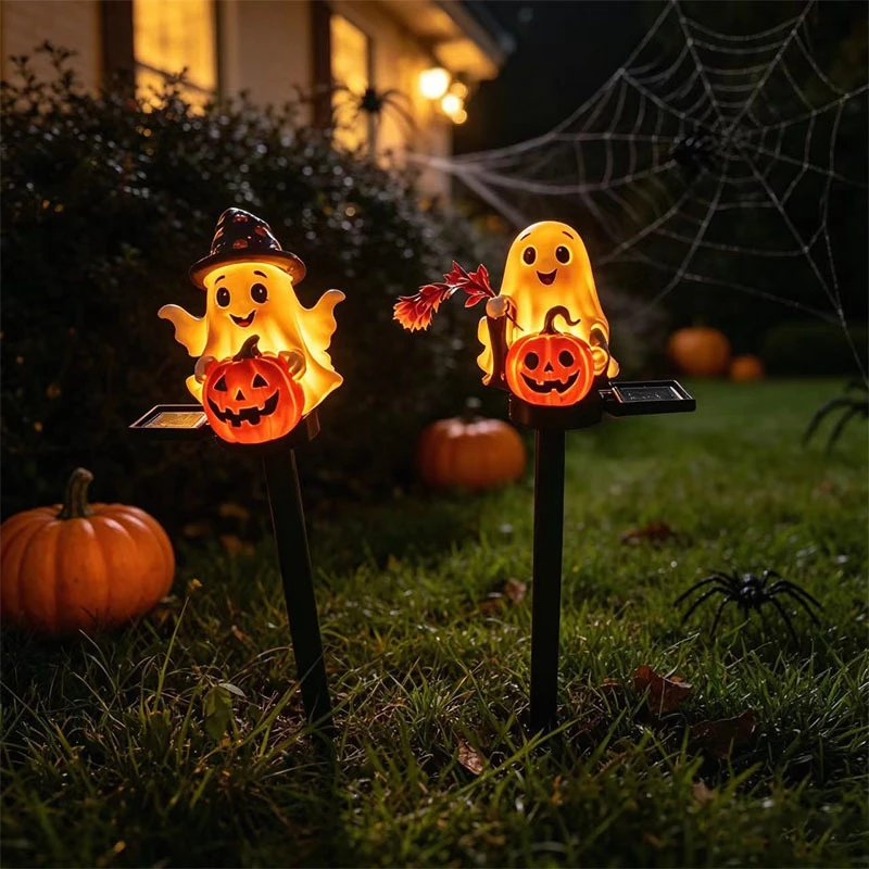 Halloween Solar Garden Stake Lights Ghost Pumpkin Figurine Lamp Outdoor Lawn Pathway Light For Yard Patio Holiday Party Decor