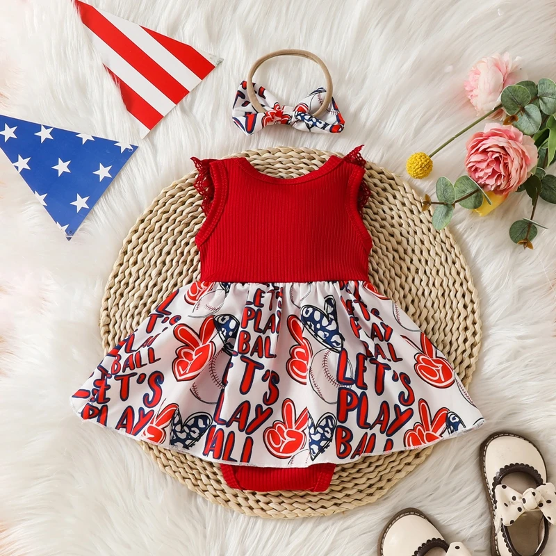 Vestido de Pelele con estampado de Strars para niñas, conjunto de diadema acanalada, ropa infantil para el día de la independencia, 4 de julio