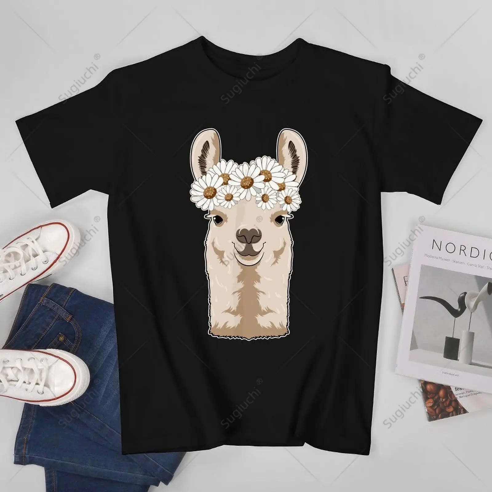 Unisex Men Llama Daisy Flower Tshirt Tees T Shirts Women Boys 100% Cotton T-Shirt