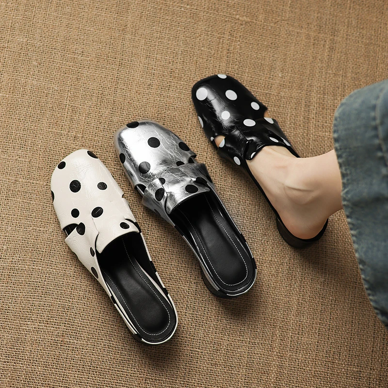 2026 new summer women sandals natural leather 22-25cm Polka dot sheepskin square toe mules round heel women slippers fashion