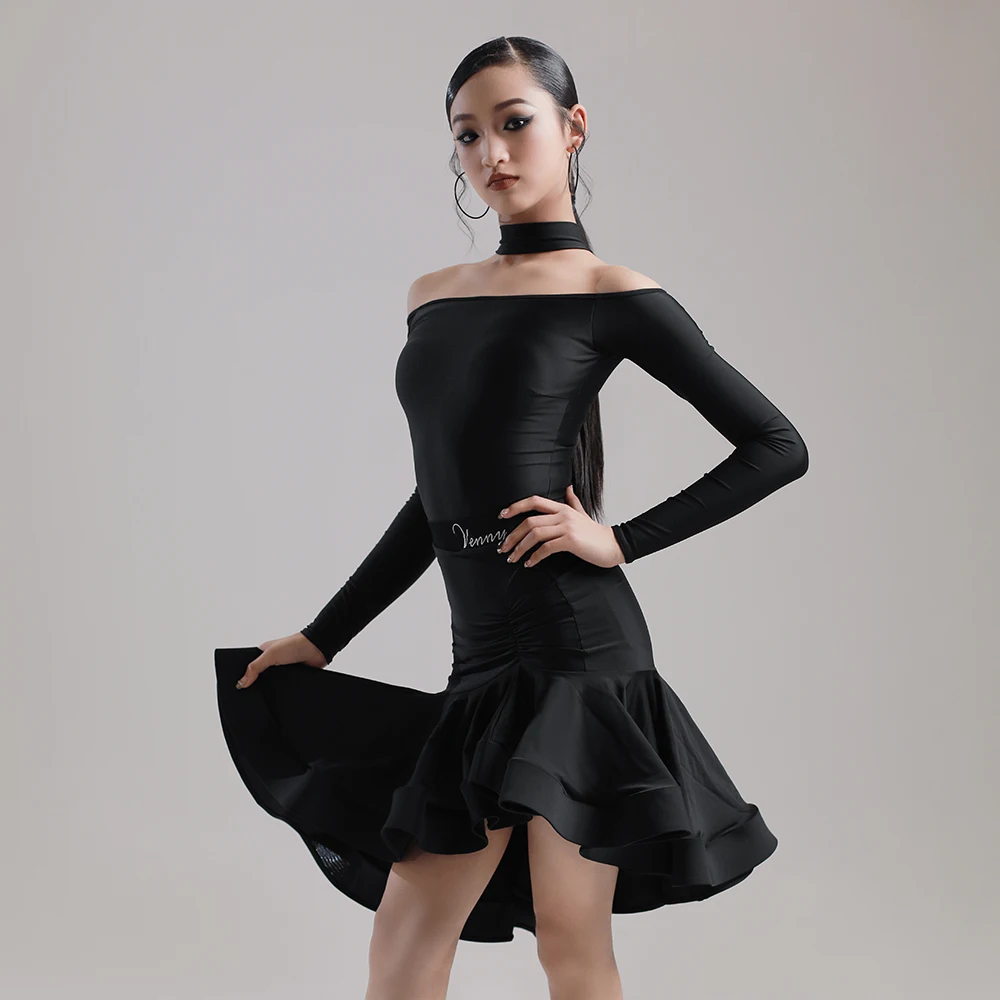 VENNY Latin dance dress new professional separate long sleeve neck black fashion training dress female adult