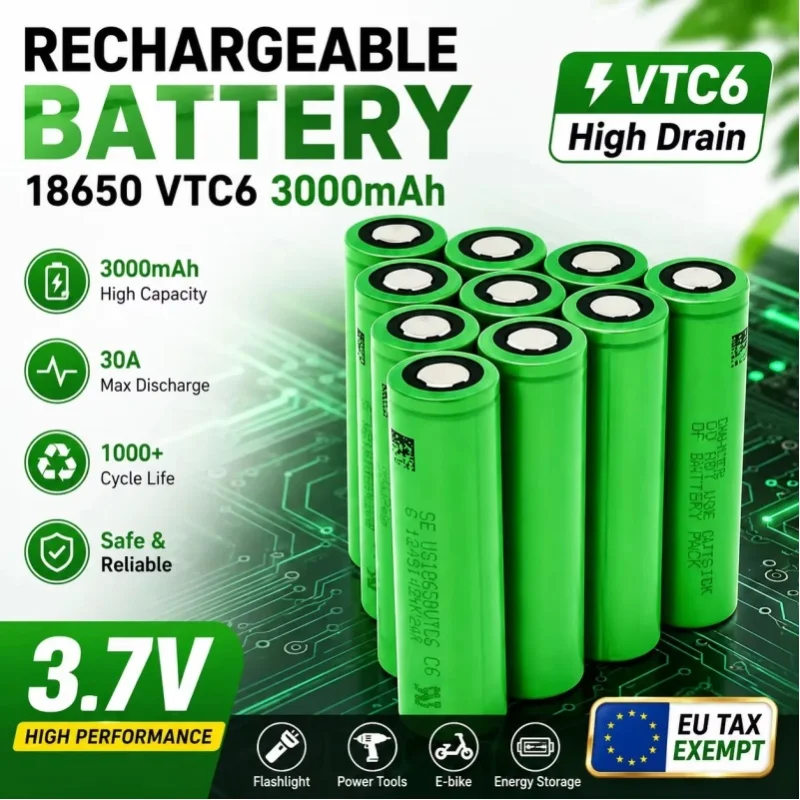 Hochbeständige und sichere 18650 Lithium-Ionen-Akkubatterie VTC6 3000mAh 3,7V, geeignet für LED-Taschenlampen-Stromversorgung und Weckerbatterien