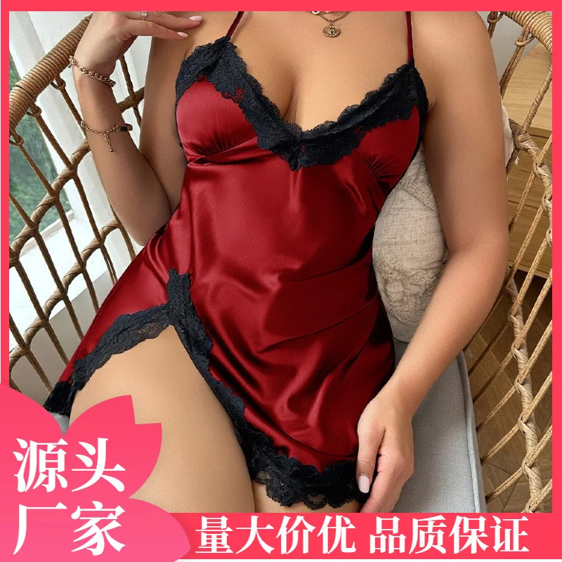 Women\'s Sleep Lounge Sleepshirts sexy lace pajamas seductive fashion V-neck backless suspender imitation silk home Nightgowns