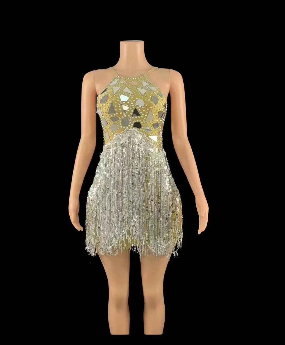 Sexy Stage Sparkly Silver Mirror RhinestoneEvening Birthday Celebrate Wedding CostumeWomen Dancer Latin Dress Plus Size