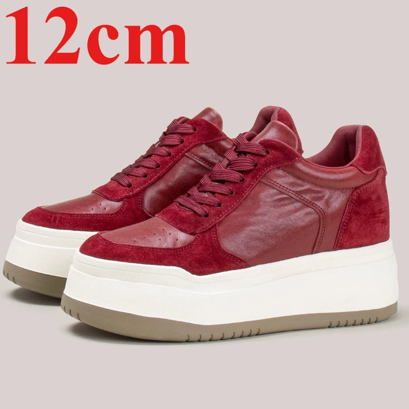 Invisible Height Increasing Board Shoes for Women's Comfortable 12cm Elevator Shoe Genuine Leather Breathable Retro Casual Shoes