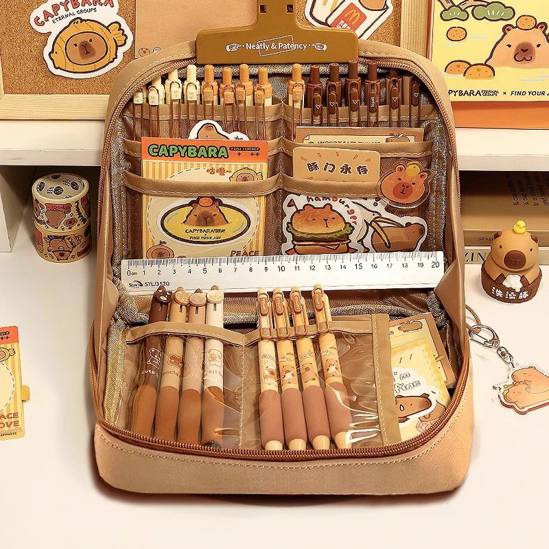 Large Capacity Kawaii Capybara Multi Layered Separated Stationery Bag Pencil Case Cosmetic Bag School Office Supplies Stationery
