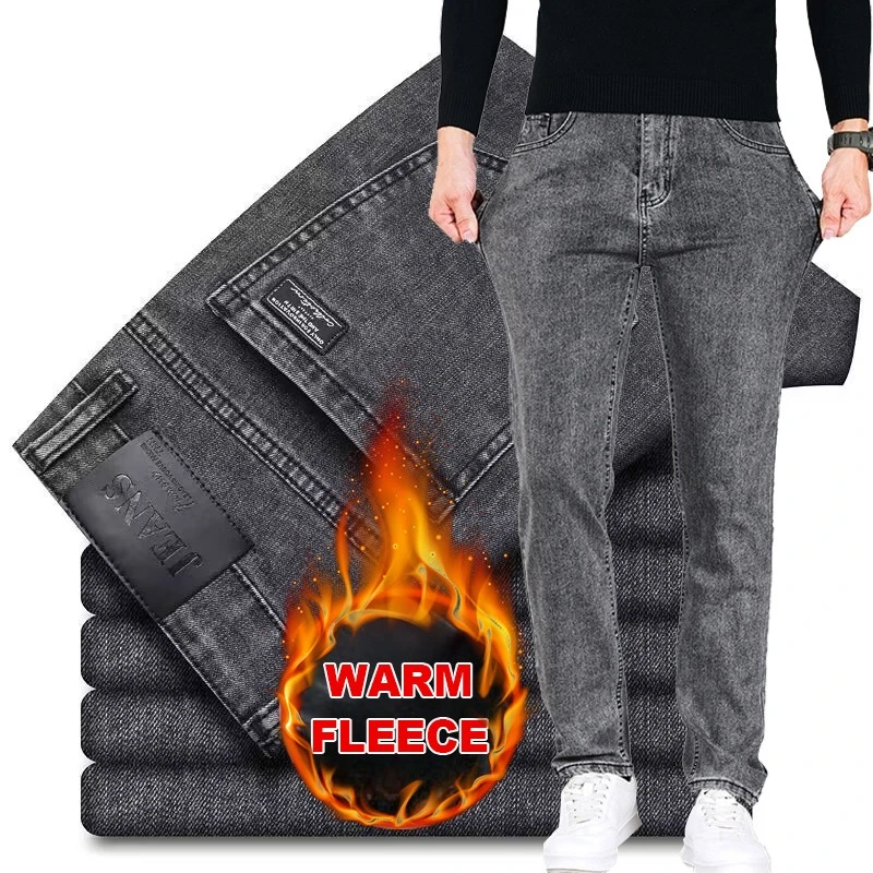 

New Men's Winter Fleece Jeans Classic Retro Slim-Fit Straight-Leg Warm Velvet Pants High-quality Elastic Cotton Daily Trousers