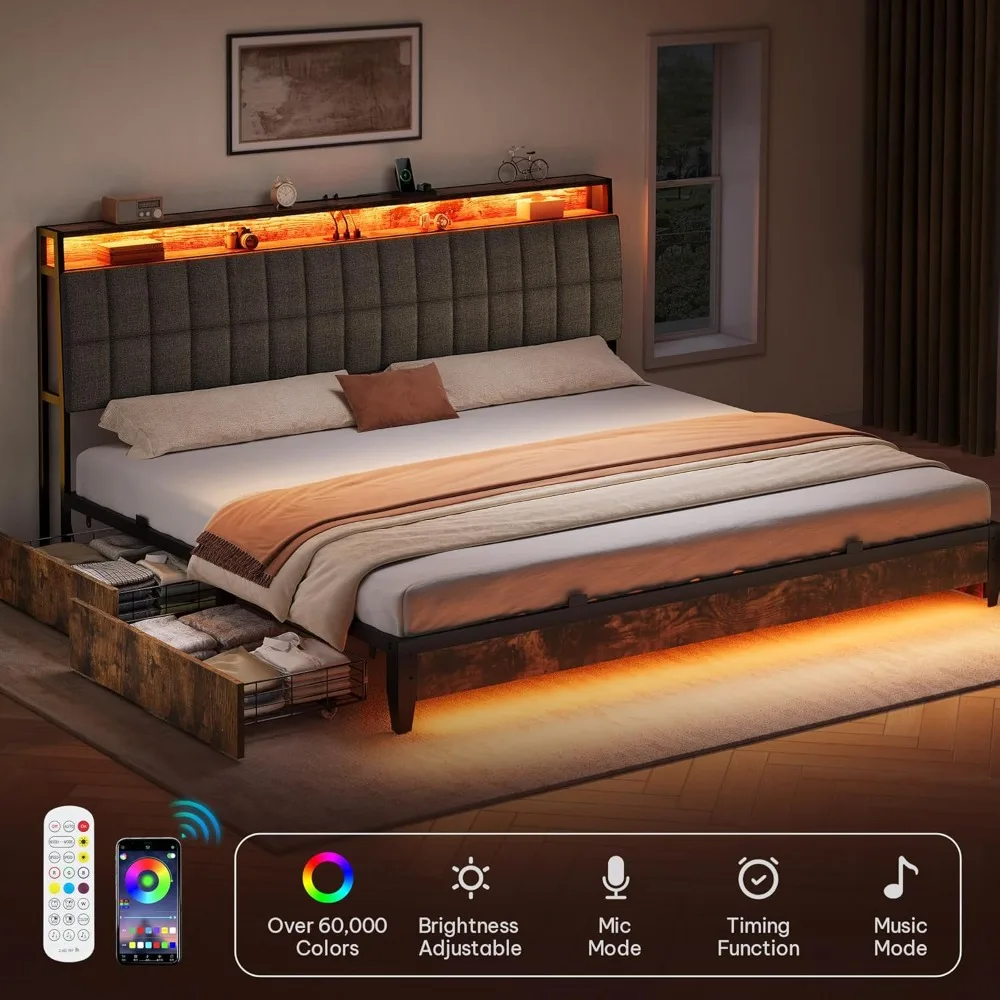 RGB LED 조명과 서랍 4개가 있는 퀸 사이즈 침대 프레임, 충전 스테이션과 수납 헤드가 있는 덮개를 씌운 플랫폼 침대