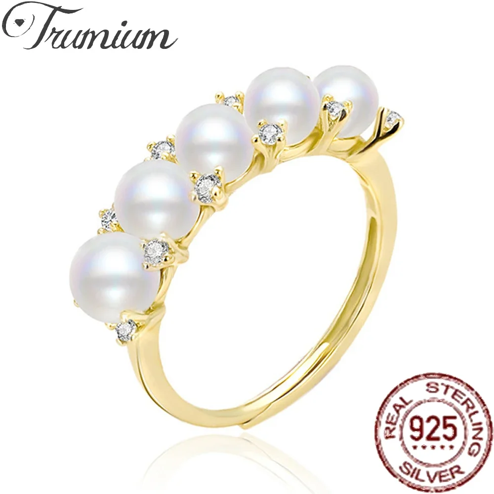 

Trumium 100% 925 Sterling Silver 4mm Shell Pearl Rings for Women Fashion Gold Plated Adjustable Wedding Band Party Jewelry