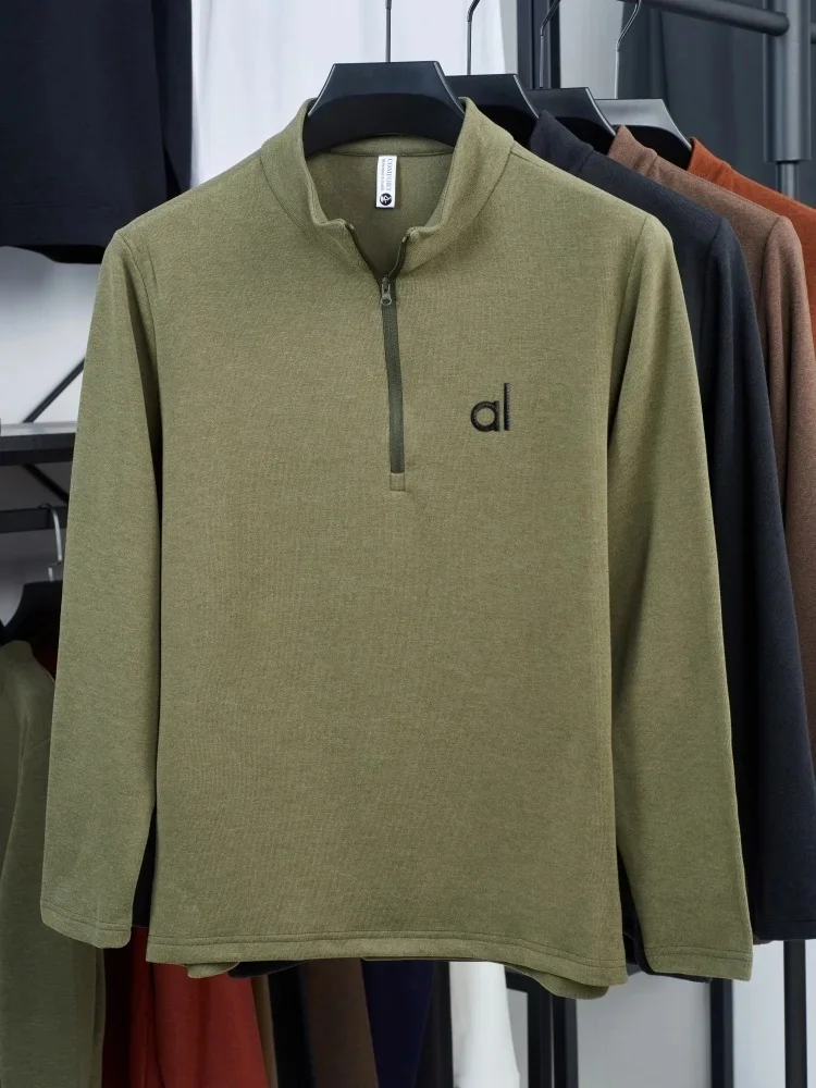 High end fashion T-shirt brand AL printed men's long sleeved T-shirt new double-sided velvet half zipper warm Y2k street top