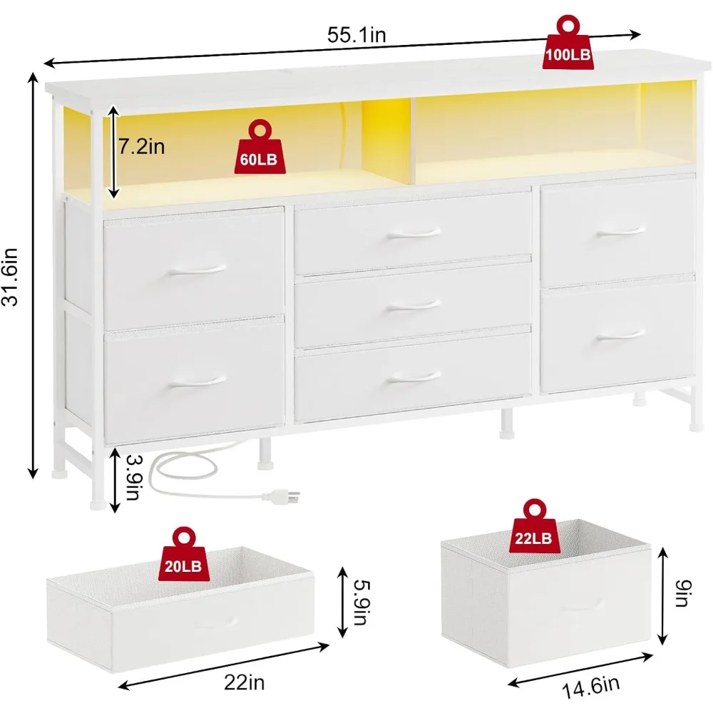 Fixwal Suporte de TV de 55 polegadas para quarto Cômoda branca com luzes LED e estação de carregamento, suporte de TV de 65 polegadas de comprimento com 7 F