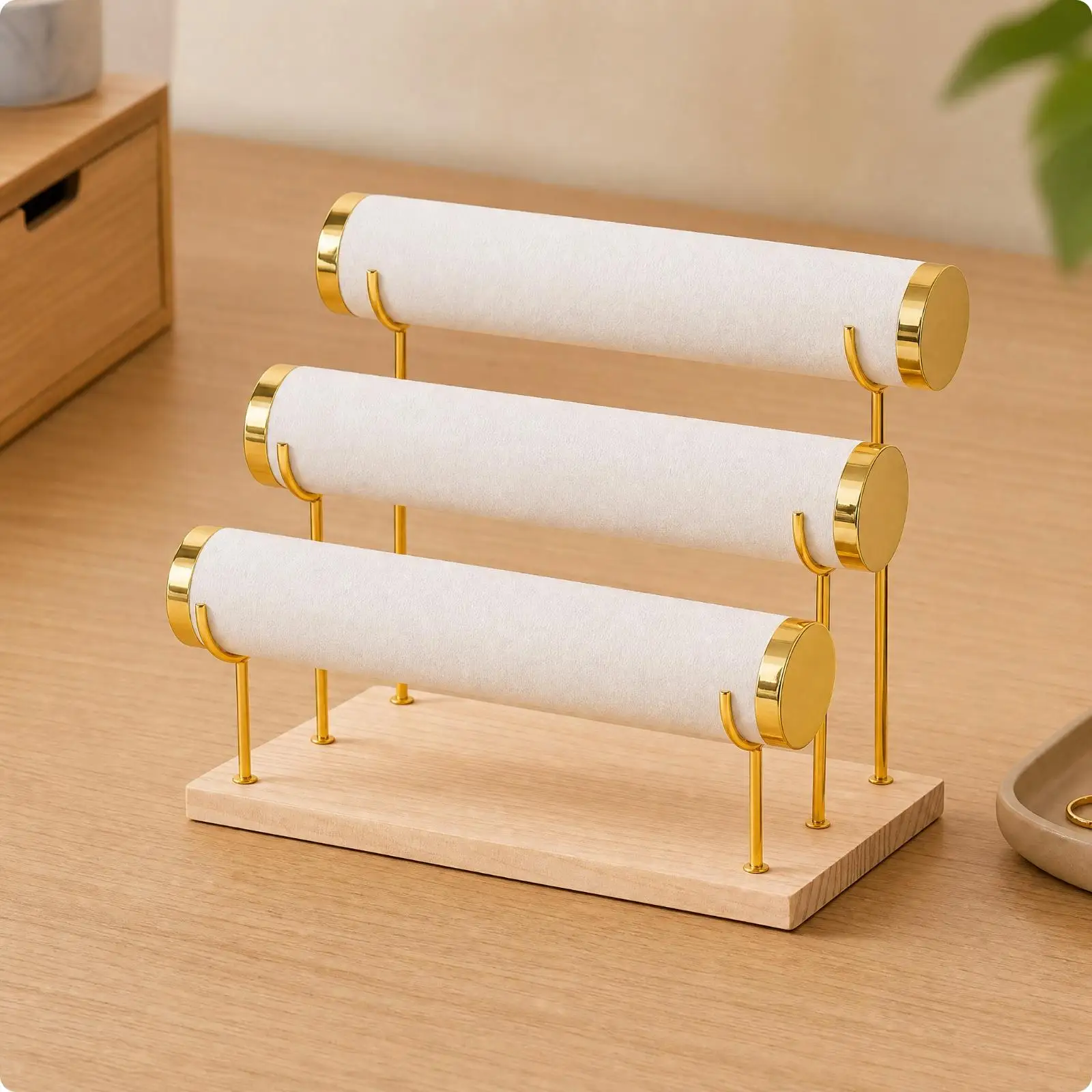 Bracelet Display Stand Jewelry Rack Organizer Three Tier Metal Wood Holder for Rings Necklaces Earrings Storage for Home Vanity