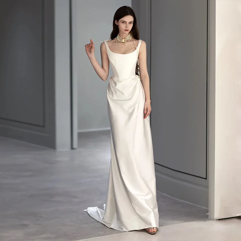 Satin light wedding dress spring and autumn retro simple going out yarn small trailing suspender dress evening dress