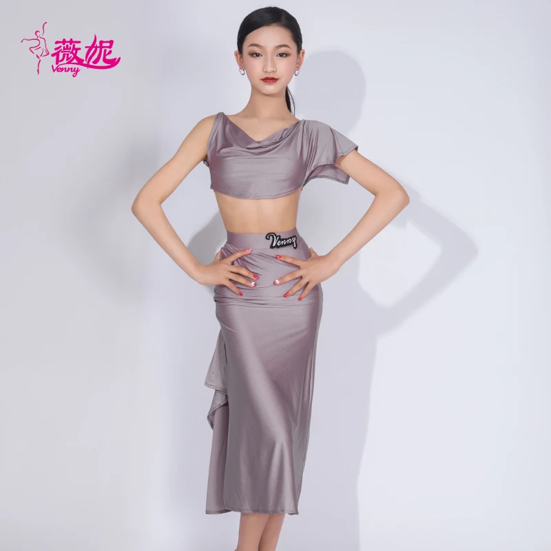 

Комплект для латинских танцев Vennystyle — модный укороченный топ и юбка из двух предметов для девочек, утягивающий тренировочный наряд, костюмы для бальных танцев