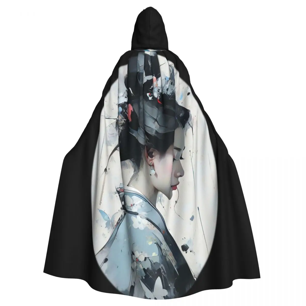 Japanese Geisha Art Long Hooded Cloak Witch Medieval Costume Cosplay Cape HalloweenCoat Adult Unisex