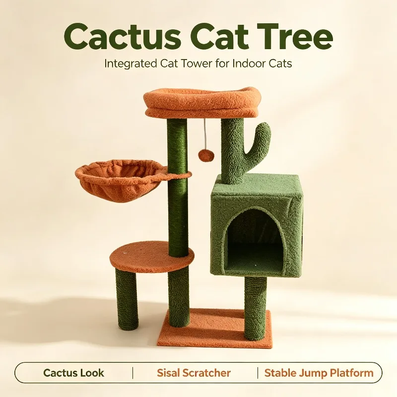 Cactus‑Shaped All‑In‑One Cat Tree Tower Small Footprint Cat Jump Platform Sisal Scratching Post for Indoor Kitten Cat