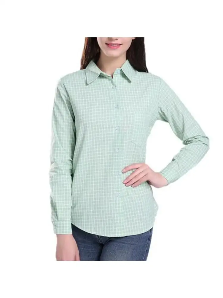Women Cotton Blouse Plaid Long Sleeve Shirts Spring Formal Blouses Turn Down Collar Lady's Office Top